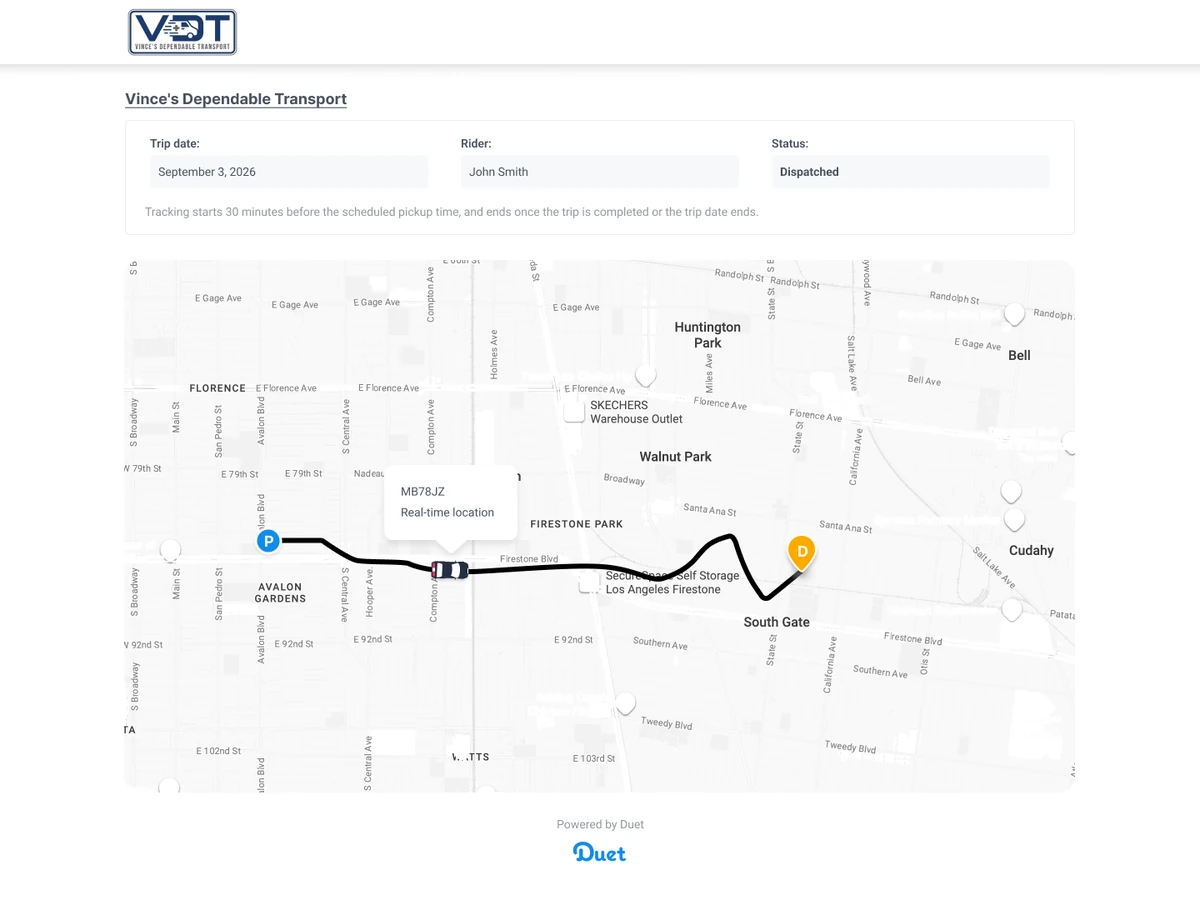 Duet live tracking page for a Vince's Dependable Transport ride: a map shows the van's real-time location between the pickup and drop-off points.